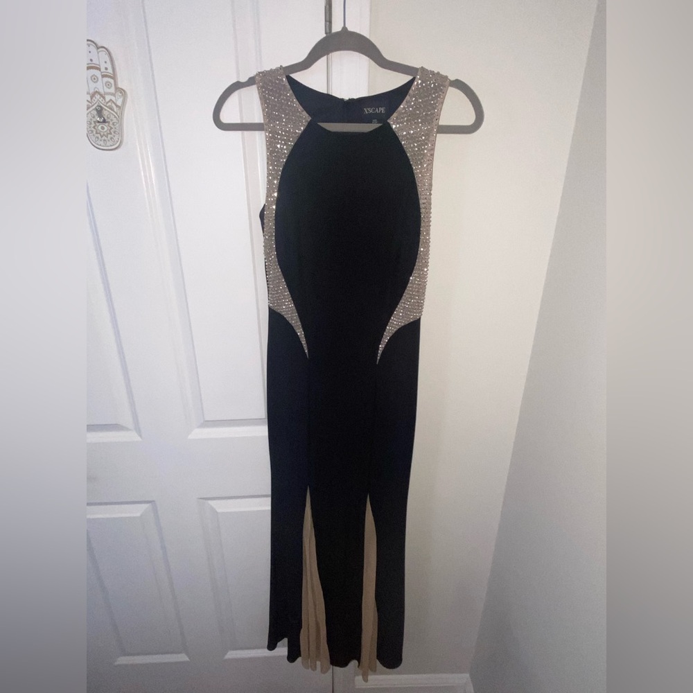 Xscape Black and Gold Dress with Rhinestone details